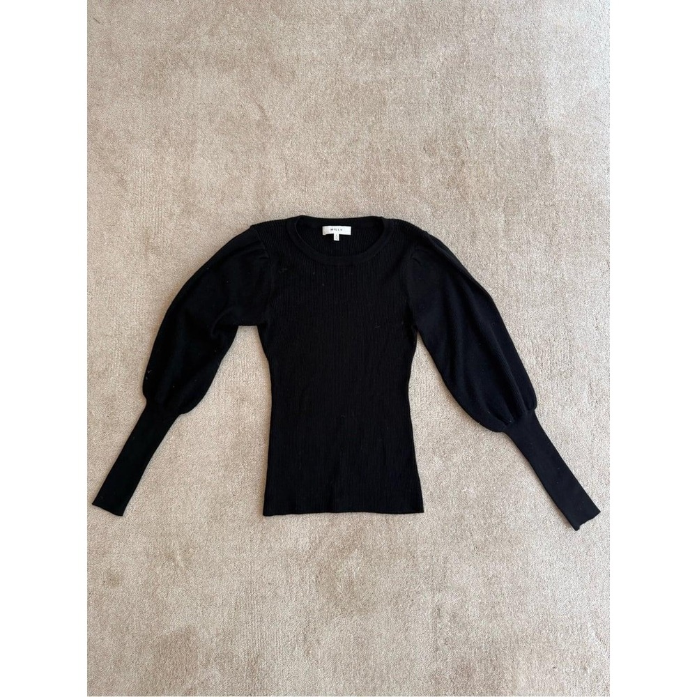 Milly Black Puff Sleeve Ribbed Long Sleeve Top Crew Neck Size P
